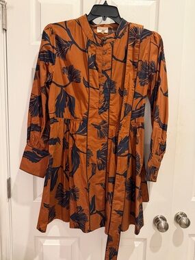 Rust Floral Tie-Waist Long Sleeve Dress